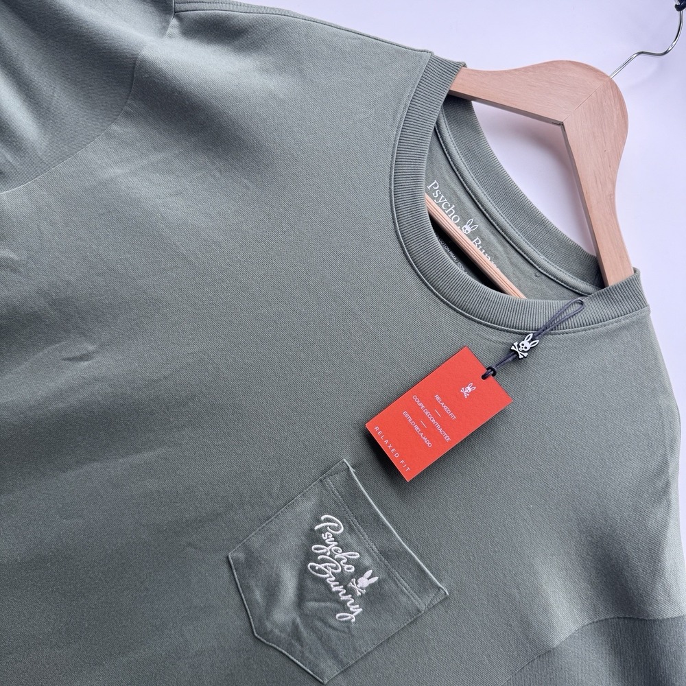 Psycho Bunny Desert Relaxed Fit Pocket T-Shirt Men XL (7) Green Pima Cotton NWT
